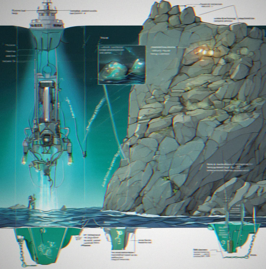 Deep-sea research vessel tethered by anchor chain descending into dark waters