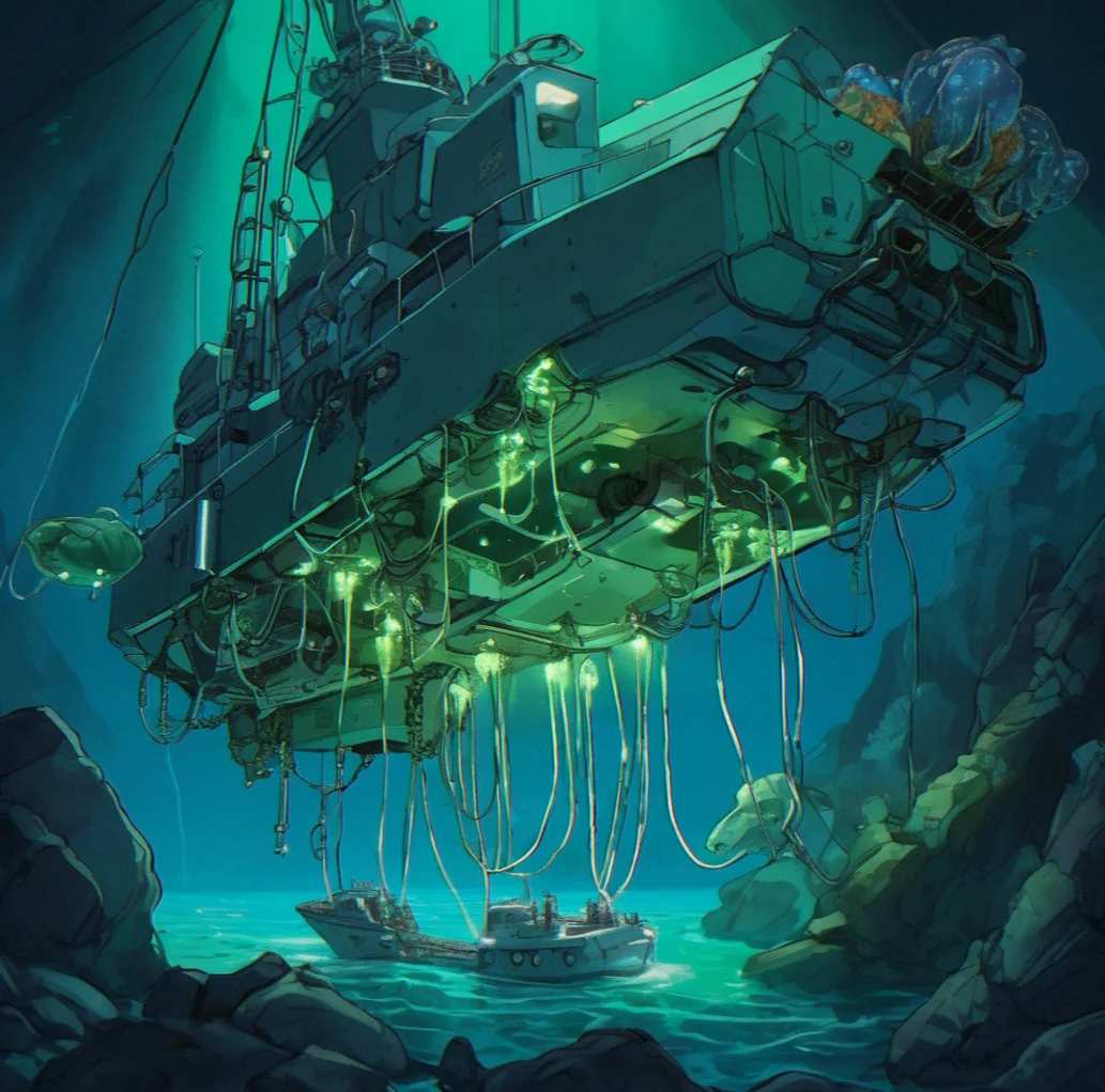 Deep-sea research vessel tethered by anchor chain, descending past bioluminescent creatures into dark ocean trenches